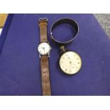 Vintage silver pocket watch, silver bangle and vintage Ingersoll wristwatch on brown leather strap