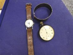 Vintage silver pocket watch, silver bangle and vintage Ingersoll wristwatch on brown leather strap