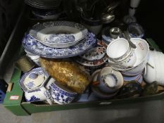 Two boxes of mixed china, glass and sundries to include blue and white chinaware oriental jar with l