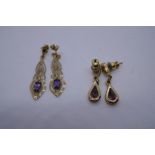 Pair 9k yellow gold amethyst set drop earrings, marked 9k, and an unmarked pair