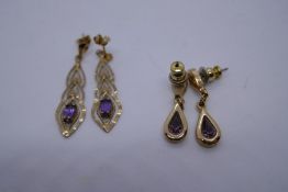 Pair 9k yellow gold amethyst set drop earrings, marked 9k, and an unmarked pair