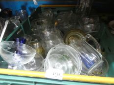 Three boxes of mixed cut glass including Sherry, desert bowls, decanters, etc