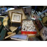 A small box of china thimbles, vintage camera, pictures and horn, etc