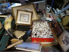 A small box of china thimbles, vintage camera, pictures and horn, etc