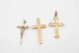 3 x 9ct Gold cross pendants inc. Crucifix, engraved 5.2g