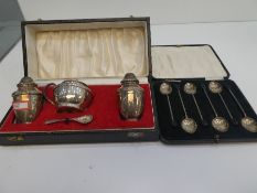 A silver lot comprising coffee spoons, hallmarked Sheffield 1932 Walker and Hall, silver salts, p