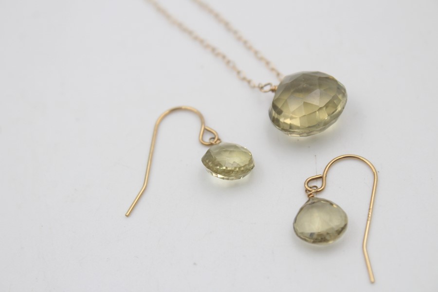 14ct gold faceted quartz pendant necklace & earring set 3.6g - Image 2 of 5