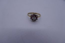 9ct yellow gold ladies ruby and clear stone cluster ring, size O, marked 375, 2g