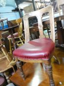 Four red leather oak Victorian carved dining chairs with flower carved design