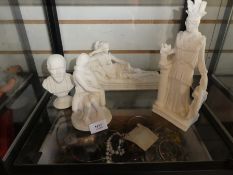 Classical style miniature figurines in white stone depicting busts and semi clad females