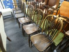 6 similar Windsor wheel back Kitchen chairs, one w