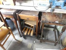 Four retro chairs, table, drop leaf table, barley twist table, sewing box, etc