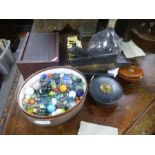 A mixed lot including Marbles, an antique fly catcher and dominoes