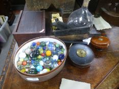 A mixed lot including Marbles, an antique fly catcher and dominoes