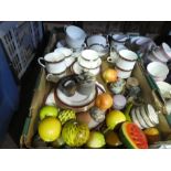 Three boxes of china ware and collectables to include teaware, jugs, brass items, ornaments, etc