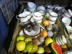 Three boxes of china ware and collectables to include teaware, jugs, brass items, ornaments, etc