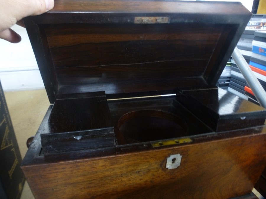 A Victorian Rosewood tea caddy on bun feet and a burr walnut dome topped box - Image 3 of 3