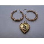 Pair of 9ct Rose gold hoop earrings, marked 9ct, approx 4.9g and 9ct back and front heart shaped loc