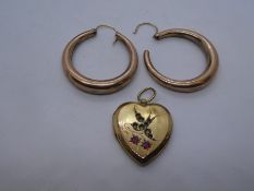 Pair of 9ct Rose gold hoop earrings, marked 9ct, approx 4.9g and 9ct back and front heart shaped loc