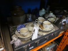 Two wooden crates containing vintage glass bottles and china, suitcase of chinaware, stoneware, etc