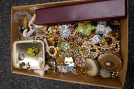Box of costume jewellery to incl. HMS Duke of York compact, necklaces, earrings etc