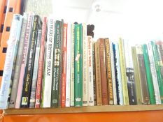 Shelf and a half of books mostly hardbacks on various subjects, including steam railways, etc