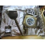 A vintage boxed gilt bedroom set to include mirror, brush, clock and perfume bottle, Royal Vale ware