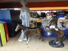 Two Beswick horse figures and 1 male unmarked figure