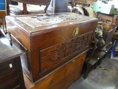 Camphor wood chest with carved panels to top, front and sides and a two short drawers over 2 long ch