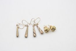 3 x 9ct Gold earring inc. knot, tri-tone, drop 3g