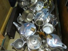 A box of silver plated ware to include tea pots, coffee pots, candelabra, etc