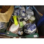 A shelf of sundry items to include china, Wedgwood, teapots, chess pieces, Polaroid camera and vinta