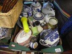 A shelf of sundry items to include china, Wedgwood, teapots, chess pieces, Polaroid camera and vinta