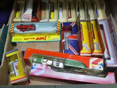 A box of mixed diecast vehicles including Dinky and Days Gone By