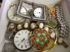 Mixed costume jewellery to include a silver gilt cameo bracelet, two pocket watches, coral necklace,