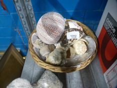 A large piece of coral and wicker basket of shells