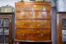 Antique mahogany bow fronted chest having 2 short and 3 long drawers, 95cm