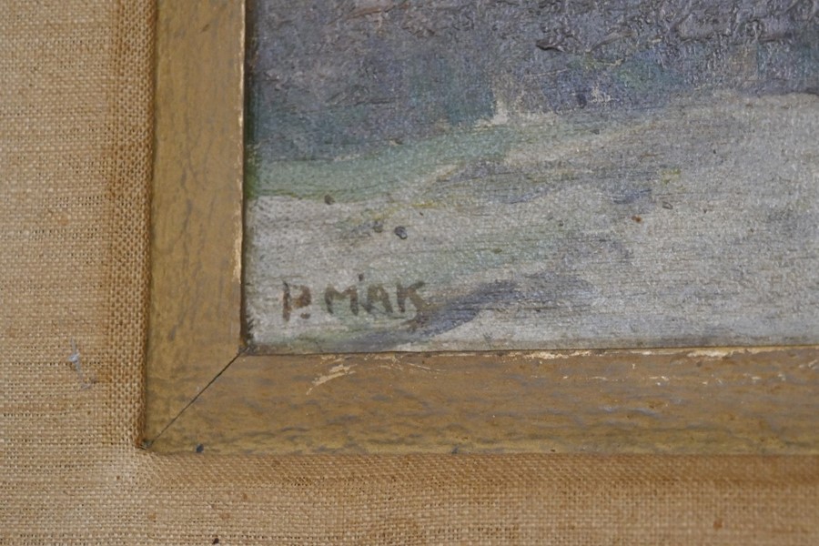 P.L. Harvest-time; and By a Footbridge, indistinctly signed, oil on canvas, 18 1/2 x 14 in, a pair; - Image 7 of 7
