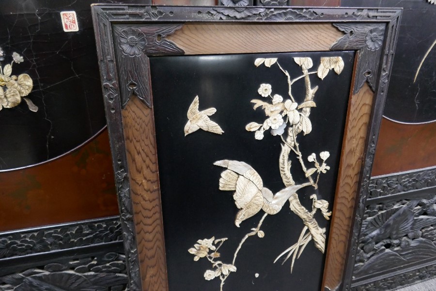 Oriental carved draft screen having 2 panels with Ivory decorated birds and flowers and 3 other simi - Image 11 of 14