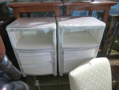 Two Lloyd loom style bedside tables with with glass top, metal circular table stand, cream bedroom c