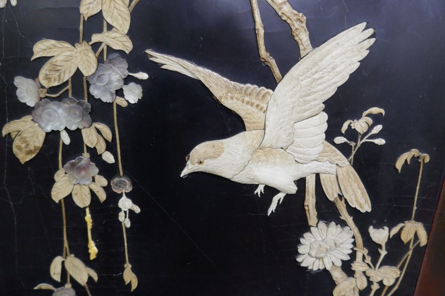 Oriental carved draft screen having 2 panels with Ivory decorated birds and flowers and 3 other simi - Image 12 of 14