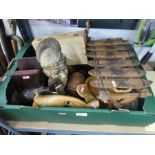 A box of treen to include book ends, figures, animals, musical instrument etc