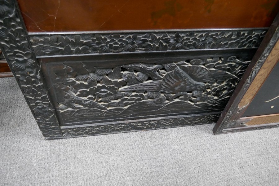 Oriental carved draft screen having 2 panels with Ivory decorated birds and flowers and 3 other simi - Image 3 of 14