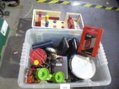 Three boxes of mixed vintage toys including radio controlled wooden toys, etc