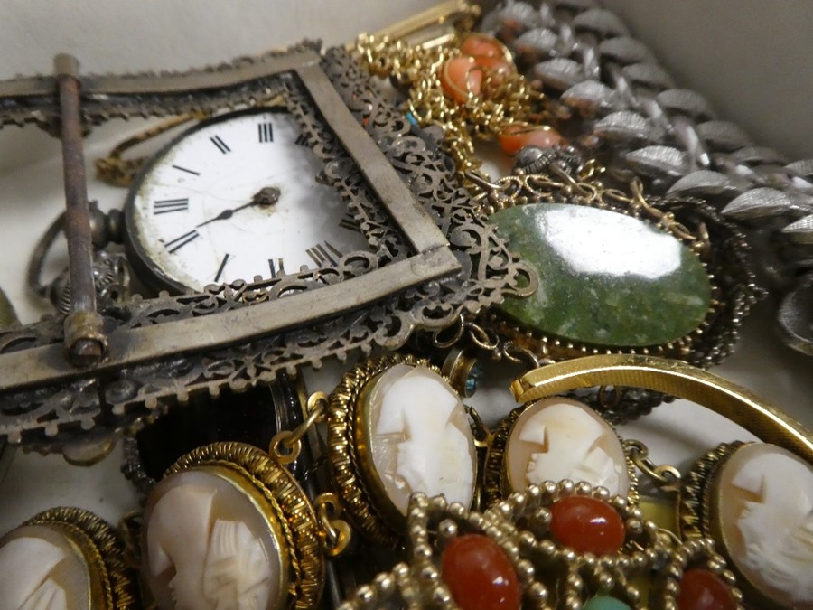 Mixed costume jewellery to include a silver gilt cameo bracelet, two pocket watches, coral necklace, - Image 3 of 6