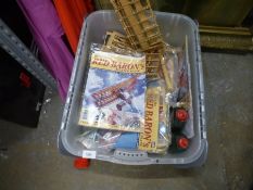 A box containing craft items to include Red Baron's magazine with part built Model Aircraft