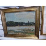 An oil on board of Estuary with trees to rear unsigned the frame marked Ford Madox Brown, 47 x 36.5c