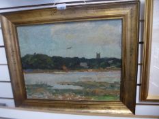 An oil on board of Estuary with trees to rear unsigned the frame marked Ford Madox Brown, 47 x 36.5c