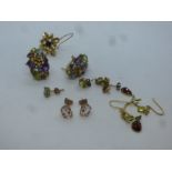 9ct gemstone set earrings, 7.4g approx, pair of 10K green gem set studs, 9ct Rose gold pink studs, 9