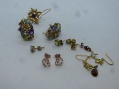 9ct gemstone set earrings, 7.4g approx, pair of 10K green gem set studs, 9ct Rose gold pink studs, 9